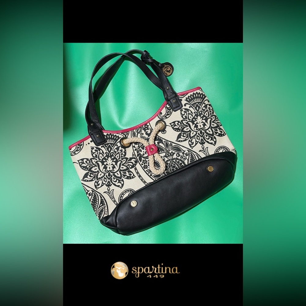 Spartina Tote/Purse black cream and fuschia with rope accent magnetic snap close